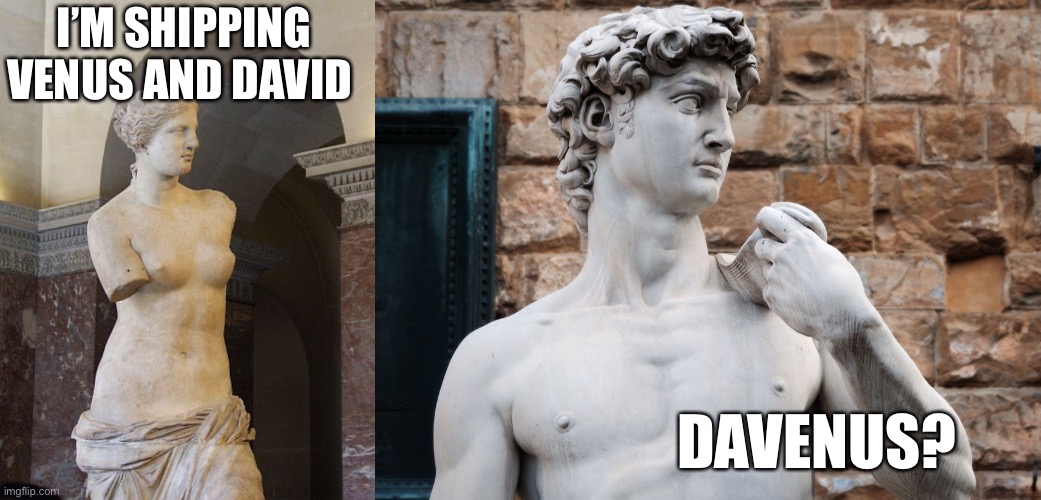 I’M SHIPPING VENUS AND DAVID; DAVENUS? | image tagged in venus de milo,statue of david | made w/ Imgflip meme maker