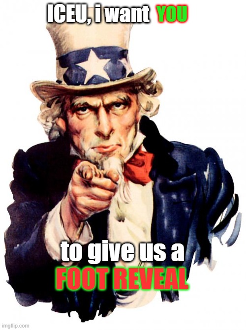 A message for ICEU | ICEU, i want; YOU; to give us a; FOOT REVEAL | image tagged in memes,uncle sam,iceu,funny | made w/ Imgflip meme maker