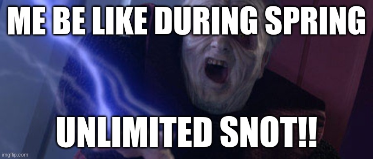 Palpatine Unlimited Power | ME BE LIKE DURING SPRING UNLIMITED SNOT!! | image tagged in palpatine unlimited power | made w/ Imgflip meme maker
