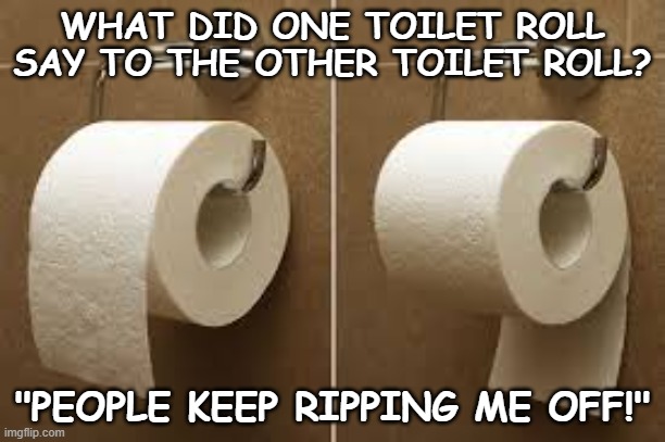 Daily Bad Dad Joke March 30, 2023 | WHAT DID ONE TOILET ROLL SAY TO THE OTHER TOILET ROLL? "PEOPLE KEEP RIPPING ME OFF!" | image tagged in toilet paper rolls | made w/ Imgflip meme maker