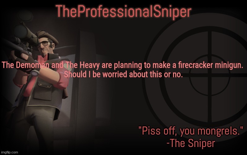 The Demoman and The Heavy are planning to make a firecracker minigun. 
Should I be worried about this or no. | image tagged in theprofessionalsniper's template | made w/ Imgflip meme maker