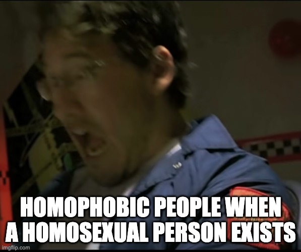 scared markiplier | HOMOPHOBIC PEOPLE WHEN A HOMOSEXUAL PERSON EXISTS | image tagged in scared markiplier | made w/ Imgflip meme maker