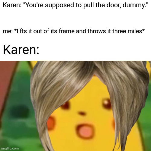 "I'm going to call the police for your vandalism!" | Karen: "You're supposed to pull the door, dummy."; me: *lifts it out of its frame and throws it three miles*; Karen: | image tagged in karen,push,pull,door,doors | made w/ Imgflip meme maker