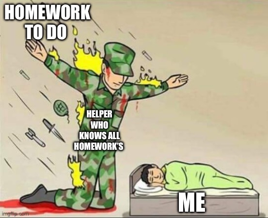 Homework meme | HOMEWORK TO DO; HELPER WHO KNOWS ALL HOMEWORK’S; ME | image tagged in soldier protecting sleeping child,homework,memes | made w/ Imgflip meme maker