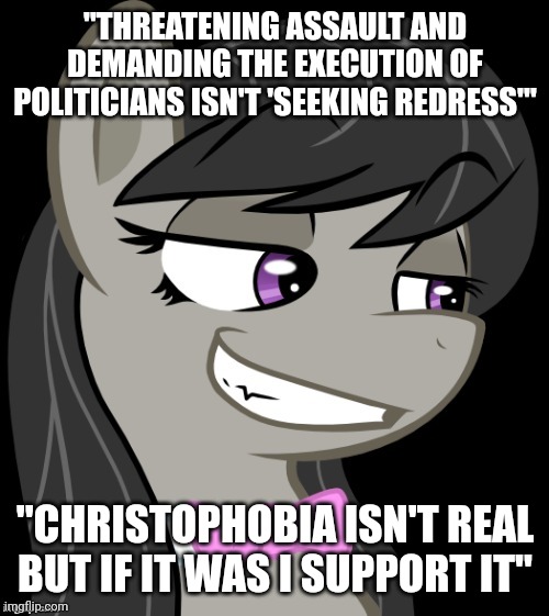 Octavia_Melody's Desire | "THREATENING ASSAULT AND DEMANDING THE EXECUTION OF POLITICIANS ISN'T 'SEEKING REDRESS'" "CHRISTOPHOBIA ISN'T REAL BUT IF IT WAS I SUPPORT I | image tagged in octavia_melody's desire | made w/ Imgflip meme maker