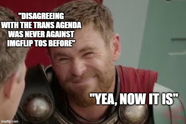 even disagreeing gets you banned now | "DISAGREEING WITH THE TRANS AGENDA WAS NEVER AGAINST IMGFLIP TOS BEFORE"; "YEA, NOW IT IS" | image tagged in political meme,political humor,funny memes,stupid liberals | made w/ Imgflip meme maker