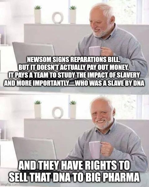 Hide the Pain Harold | NEWSOM SIGNS REPARATIONS BILL. 
BUT IT DOESN'T ACTUALLY PAY OUT MONEY. 
IT PAYS A TEAM TO STUDY THE IMPACT OF SLAVERY AND MORE IMPORTANTLY.....WHO WAS A SLAVE BY DNA; AND THEY HAVE RIGHTS TO SELL THAT DNA TO BIG PHARMA | image tagged in memes,hide the pain harold,funny memes | made w/ Imgflip meme maker