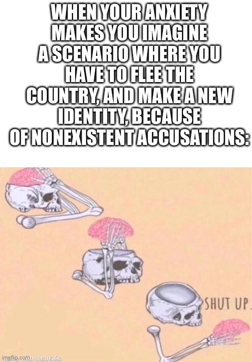 True story | WHEN YOUR ANXIETY MAKES YOU IMAGINE A SCENARIO WHERE YOU HAVE TO FLEE THE COUNTRY, AND MAKE A NEW IDENTITY, BECAUSE OF NONEXISTENT ACCUSATIONS: | image tagged in skeleton shut up brain,true story,anxiety | made w/ Imgflip meme maker