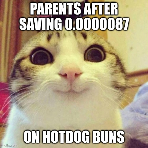 MADE YOU LOOK HAHAHAHAHAHAHAHHAAHAHAHAHAHAHA(cough cough)ahaha...ha... | PARENTS AFTER SAVING 0.0000087; ON HOTDOG BUNS | image tagged in memes,smiling cat | made w/ Imgflip meme maker