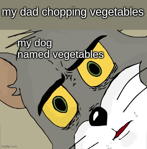 Unsettled Tom | my dad chopping vegetables; my dog named vegetables | image tagged in memes,unsettled tom | made w/ Imgflip meme maker