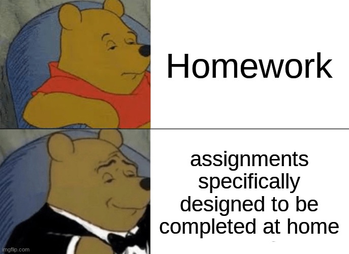 Tuxedo Winnie The Pooh | Homework; assignments specifically designed to be completed at home | image tagged in memes,tuxedo winnie the pooh | made w/ Imgflip meme maker