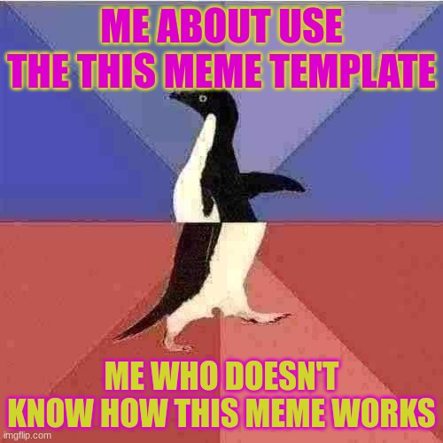 did i do it right | ME ABOUT USE THE THIS MEME TEMPLATE; ME WHO DOESN'T KNOW HOW THIS MEME WORKS | image tagged in memes,socially awkward awesome penguin,confused | made w/ Imgflip meme maker