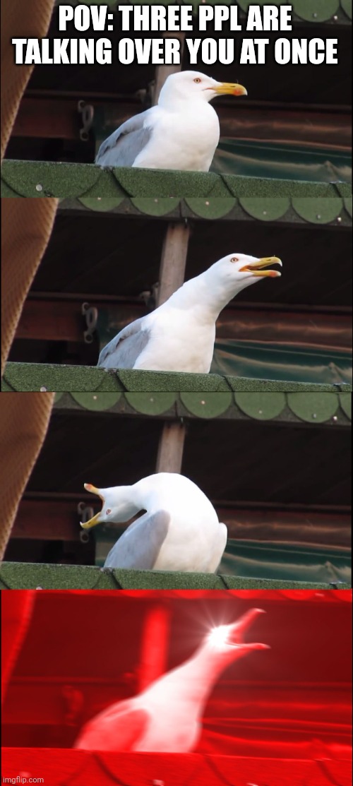 Inhaling Seagull Meme | POV: THREE PPL ARE TALKING OVER YOU AT ONCE | image tagged in memes,inhaling seagull | made w/ Imgflip meme maker