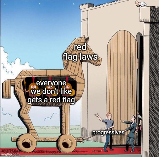 what could possibly go wrong? | red flag laws; everyone we don't like gets a red flag; progressives | image tagged in trojan horse | made w/ Imgflip meme maker