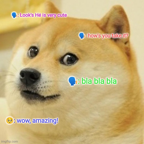 talk | 🗣️: Look's Hé is very cute; 🗣️: how's you take it? 🗣️: bla bla bla; 🥺: wow, amazing! | image tagged in memes,doge | made w/ Imgflip meme maker