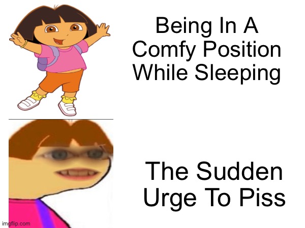 The Pain | Being In A Comfy Position While Sleeping; The Sudden Urge To Piss | image tagged in sleep,annoying,relatable,uncomfortable,dora | made w/ Imgflip meme maker