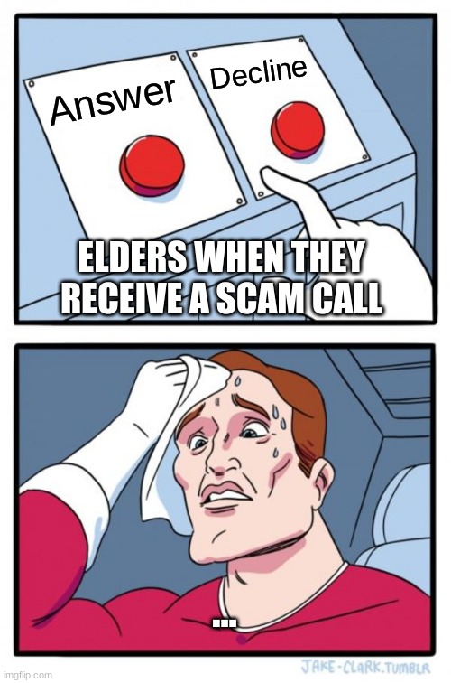 Scam Call Meme | Decline; Answer; ELDERS WHEN THEY RECEIVE A SCAM CALL; ... | image tagged in memes,two buttons,elders,scam calls,stupid people,funny memes | made w/ Imgflip meme maker
