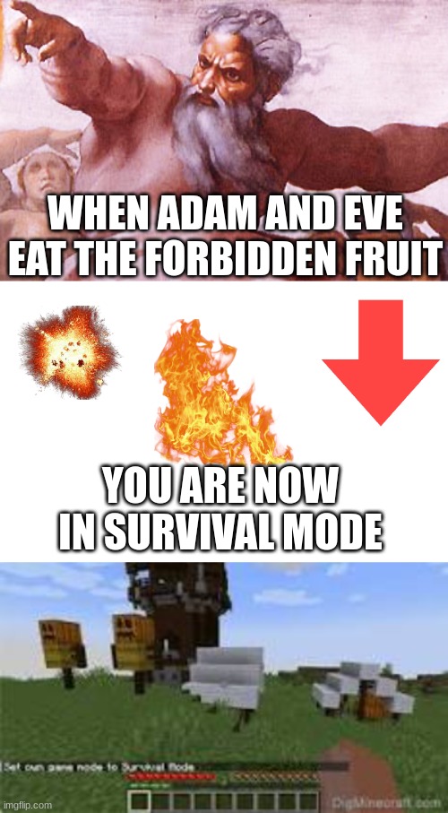 survival mode | WHEN ADAM AND EVE EAT THE FORBIDDEN FRUIT; YOU ARE NOW IN SURVIVAL MODE | image tagged in angry god | made w/ Imgflip meme maker
