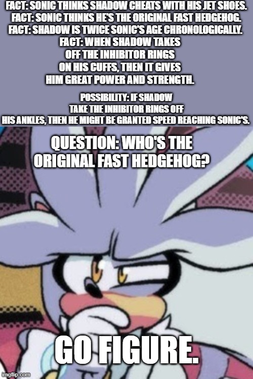 Silver thoughts. | FACT: SONIC THINKS SHADOW CHEATS WITH HIS JET SHOES.
FACT: SONIC THINKS HE'S THE ORIGINAL FAST HEDGEHOG.
FACT: SHADOW IS TWICE SONIC'S AGE CHRONOLOGICALLY. FACT: WHEN SHADOW TAKES OFF THE INHIBITOR RINGS ON HIS CUFFS, THEN IT GIVES HIM GREAT POWER AND STRENGTH. POSSIBILITY: IF SHADOW TAKE THE INHIBITOR RINGS OFF HIS ANKLES, THEN HE MIGHT BE GRANTED SPEED REACHING SONIC'S. QUESTION: WHO'S THE ORIGINAL FAST HEDGEHOG? GO FIGURE. | image tagged in silver,sonic the hedgehog,shower thoughts,deep thoughts,go figure | made w/ Imgflip meme maker