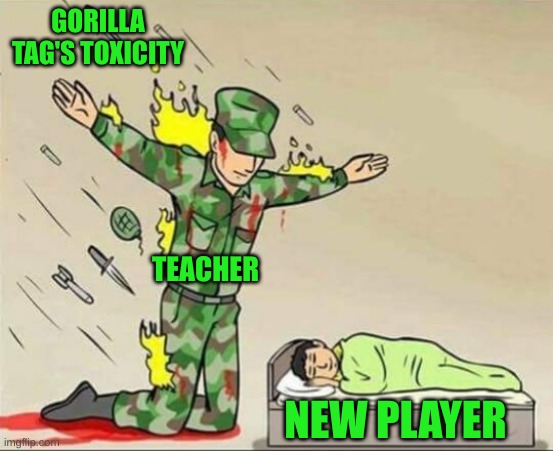 Soldier protecting sleeping child | GORILLA TAG'S TOXICITY; TEACHER; NEW PLAYER | image tagged in soldier protecting sleeping child | made w/ Imgflip meme maker