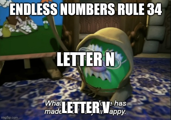Charlie and the Alphabet Letter N and Letter V reaction Endless Numbers Rule 34 | ENDLESS NUMBERS RULE 34; LETTER N; LETTER V | image tagged in what you have done has made god very unhappy,charlie and the alphabet,endless numbers,rule 34 | made w/ Imgflip meme maker