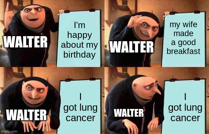 Gru's Plan | I'm happy about my birthday; my wife made a good breakfast; WALTER; WALTER; I got lung cancer; I got lung cancer; WALTER; WALTER | image tagged in memes,gru's plan | made w/ Imgflip meme maker