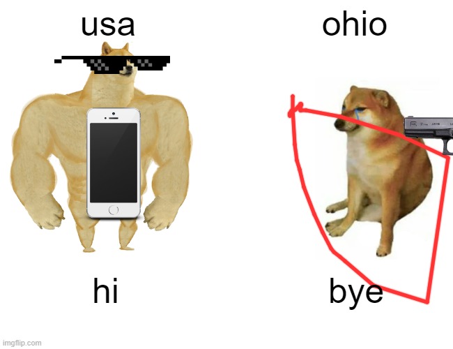 Buff Doge vs. Cheems Meme | usa; ohio; hi; bye | image tagged in memes,buff doge vs cheems | made w/ Imgflip meme maker