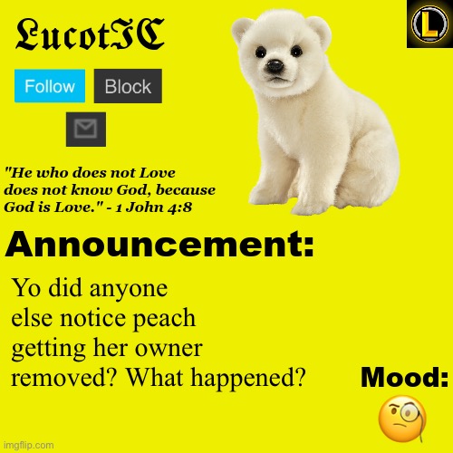 Why’d she lose it? | Yo did anyone else notice peach getting her owner removed? What happened? 🧐 | image tagged in lucotic polar bear announcement temp v3 | made w/ Imgflip meme maker