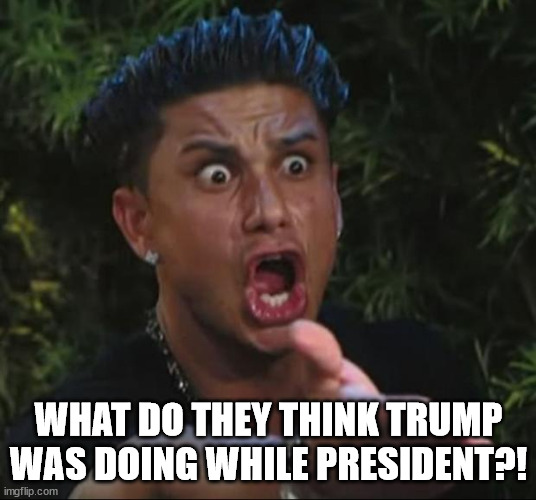 DJ Pauly D Meme | WHAT DO THEY THINK TRUMP WAS DOING WHILE PRESIDENT?! | image tagged in memes,dj pauly d | made w/ Imgflip meme maker