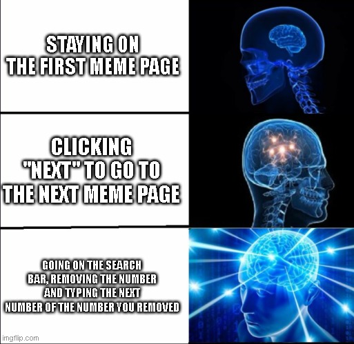 smart man | STAYING ON THE FIRST MEME PAGE; CLICKING "NEXT" TO GO TO THE NEXT MEME PAGE; GOING ON THE SEARCH BAR, REMOVING THE NUMBER AND TYPING THE NEXT NUMBER OF THE NUMBER YOU REMOVED | image tagged in galaxy brain 3 brains | made w/ Imgflip meme maker