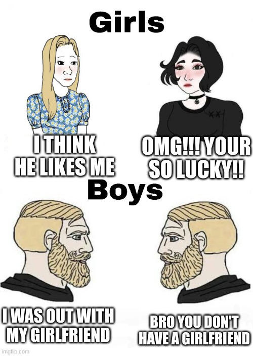 Girls vs Boys | I THINK HE LIKES ME; OMG!!! YOUR SO LUCKY!! BRO YOU DON'T HAVE A GIRLFRIEND; I WAS OUT WITH MY GIRLFRIEND | image tagged in girls vs boys | made w/ Imgflip meme maker