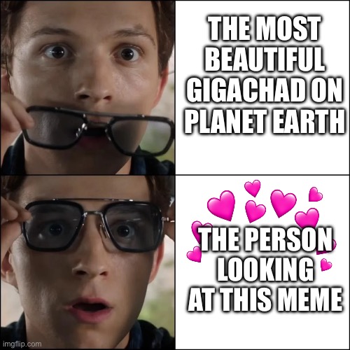 Woahhhhh | THE MOST BEAUTIFUL GIGACHAD ON PLANET EARTH; THE PERSON LOOKING AT THIS MEME | image tagged in spiderman sunglasses,wholesome | made w/ Imgflip meme maker