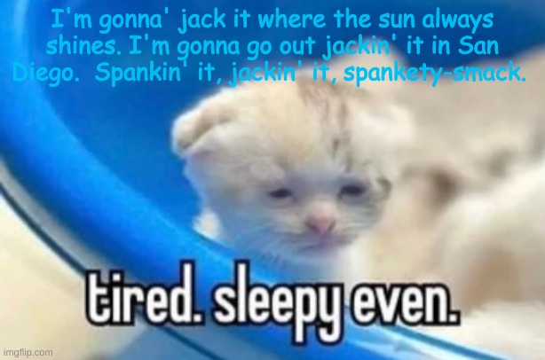sleepy | I'm gonna' jack it where the sun always shines. I'm gonna go out jackin' it in San Diego.  Spankin' it, jackin' it, spankety-smack. | image tagged in sleepy | made w/ Imgflip meme maker