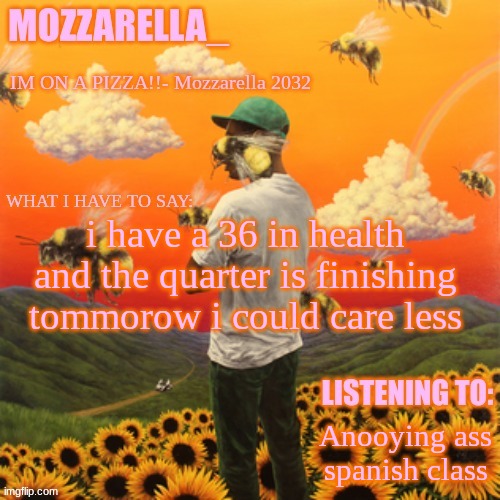 Flower Boy | i have a 36 in health and the quarter is finishing tommorow i could care less; Anooying ass spanish class | image tagged in flower boy | made w/ Imgflip meme maker