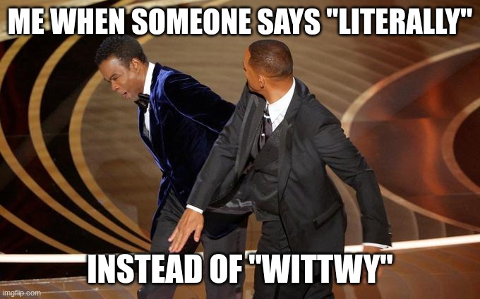 GOATED | ME WHEN SOMEONE SAYS "LITERALLY"; INSTEAD OF "WITTWY" | image tagged in fresh slap in the face,memes | made w/ Imgflip meme maker