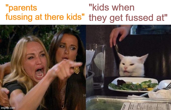 Woman Yelling At Cat | "parents fussing at there kids"; "kids when they get fussed at" | image tagged in memes,woman yelling at cat | made w/ Imgflip meme maker
