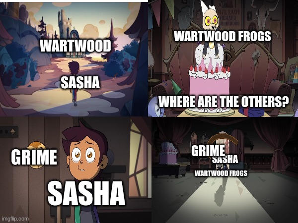 What I'd picture their return scene from Turning Point episode | WARTWOOD FROGS; WARTWOOD; SASHA; WHERE ARE THE OTHERS? GRIME; GRIME; SASHA; WARTWOOD FROGS; SASHA | image tagged in amphibia,the owl house,amphibia | made w/ Imgflip meme maker