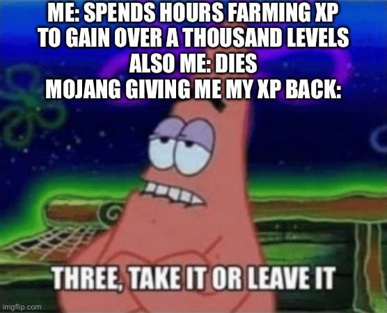bro i spent so long on that | ME: SPENDS HOURS FARMING XP
TO GAIN OVER A THOUSAND LEVELS
ALSO ME: DIES
MOJANG GIVING ME MY XP BACK: | image tagged in three take it or leave it,memes,funny,relatable,minecraft | made w/ Imgflip meme maker