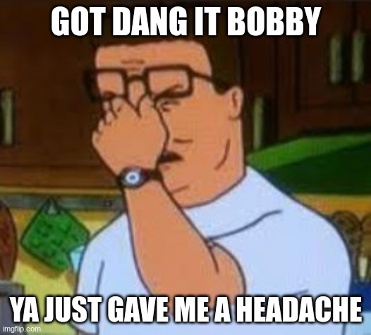 Dang it Bobby | GOT DANG IT BOBBY YA JUST GAVE ME A HEADACHE | image tagged in dang it bobby | made w/ Imgflip meme maker