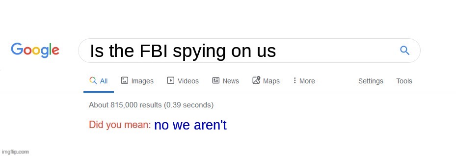 it would be funny if this actually happens | Is the FBI spying on us; no we aren't | image tagged in did you mean | made w/ Imgflip meme maker