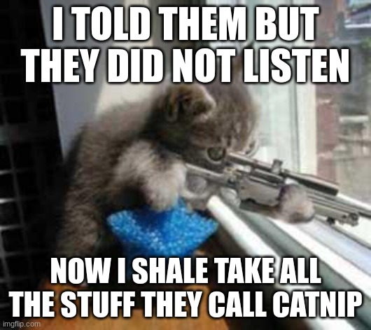 CatSniper | I TOLD THEM BUT THEY DID NOT LISTEN; NOW I SHALE TAKE ALL THE STUFF THEY CALL CATNIP | image tagged in catsniper | made w/ Imgflip meme maker