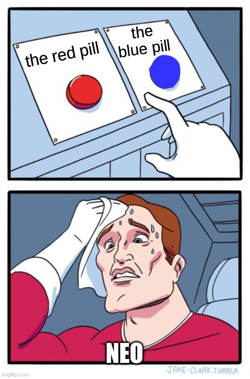 Two Buttons | the blue pill; the red pill; NEO | image tagged in memes,two buttons | made w/ Imgflip meme maker