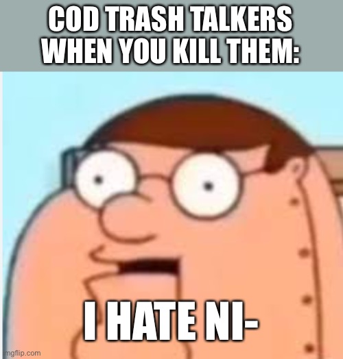 Cod trash talkers | COD TRASH TALKERS WHEN YOU KILL THEM:; I HATE NI- | image tagged in peter griffin robot i hate ni- | made w/ Imgflip meme maker