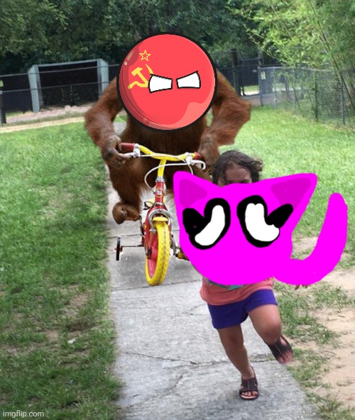 Soviet ball chasing me | image tagged in orangutan chasing girl on a tricycle | made w/ Imgflip meme maker