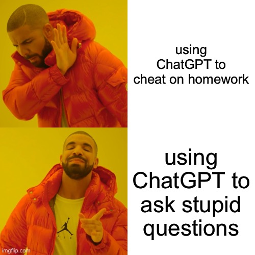 lol | using ChatGPT to cheat on homework; using ChatGPT to ask stupid questions | image tagged in memes,drake hotline bling | made w/ Imgflip meme maker