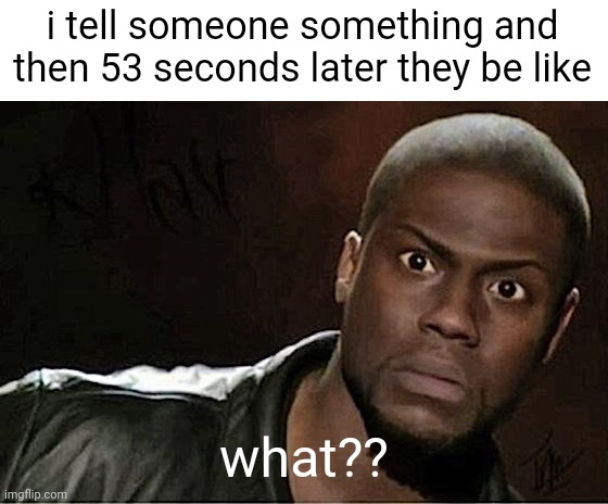 only a few times | i tell someone something and then 53 seconds later they be like; what?? | image tagged in memes,kevin hart | made w/ Imgflip meme maker