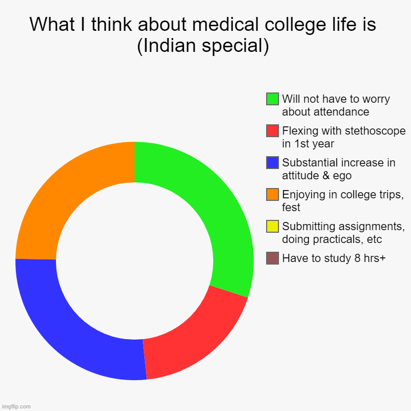 What I think about Indian medical college life is | What I think about medical college life is (Indian special) | Have to study 8 hrs+, Submitting assignments, doing practicals, etc, Enjoying  | image tagged in charts,donut charts | made w/ Imgflip chart maker