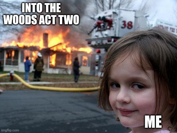 It all went downhill from there | INTO THE WOODS ACT TWO; ME | image tagged in memes,disaster girl | made w/ Imgflip meme maker