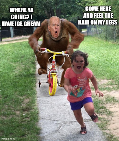 Orangutan chasing girl on a tricycle | WHERE YA GOING? I HAVE ICE CREAM; COME HERE AND FEEL THE HAIR ON MY LEGS | image tagged in orangutan chasing girl on a tricycle | made w/ Imgflip meme maker