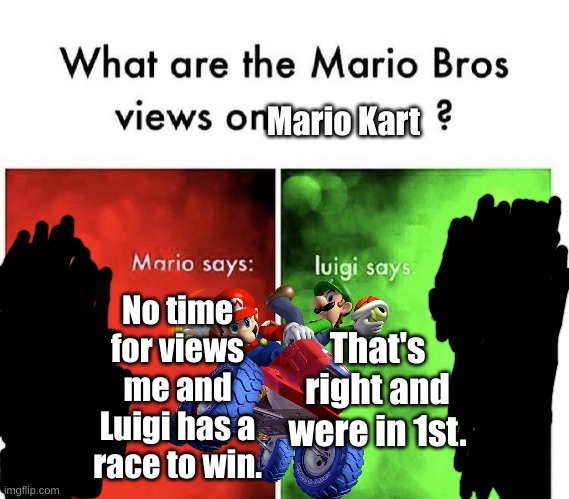 Mario Bros and Mario Kart. | Mario Kart; No time for views me and Luigi has a race to win. That's right and were in 1st. | image tagged in mario bros views | made w/ Imgflip meme maker